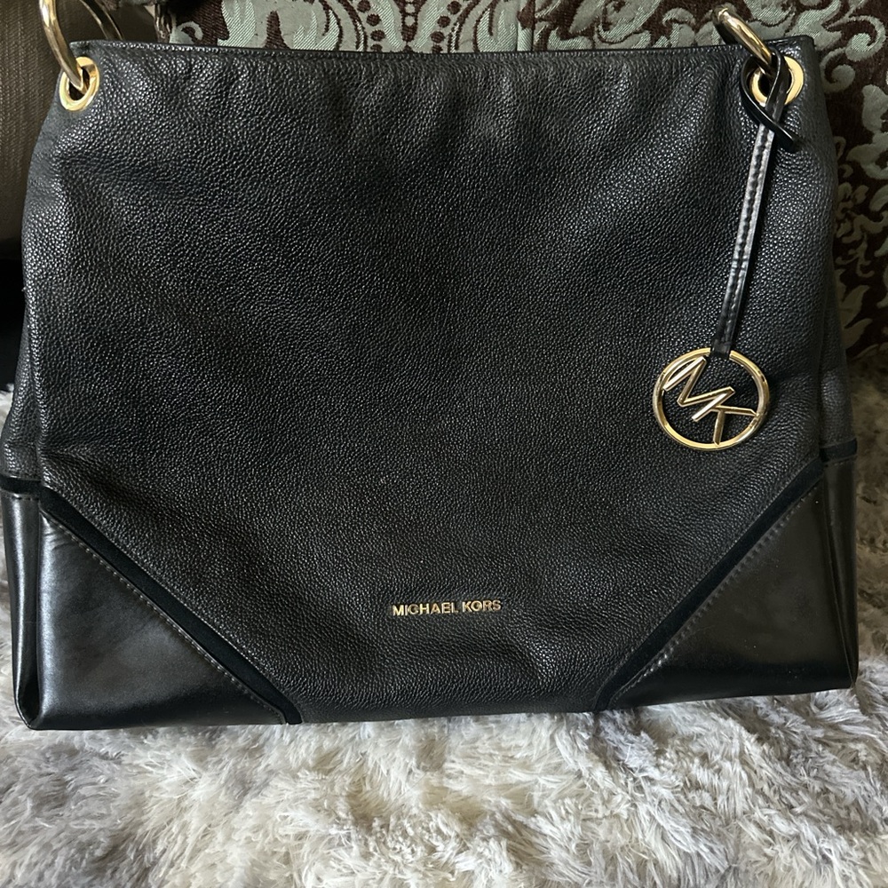 Michael Kors Black Leather Shoulder Bag with Gold Accents
